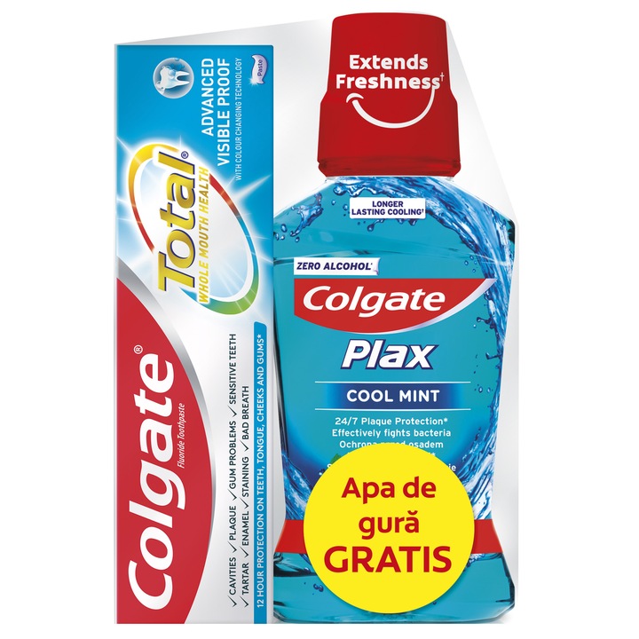 Комплект паста за зъби Colgate Total Advanced Proof 75 мл + Вода за уста Colgate Plax Cool Mint 250 мл