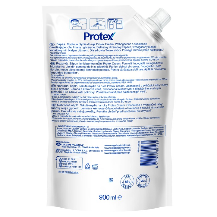 Rezerva sapun lichid Protex Cream cu ingredient natural antibacterian, 900 ml