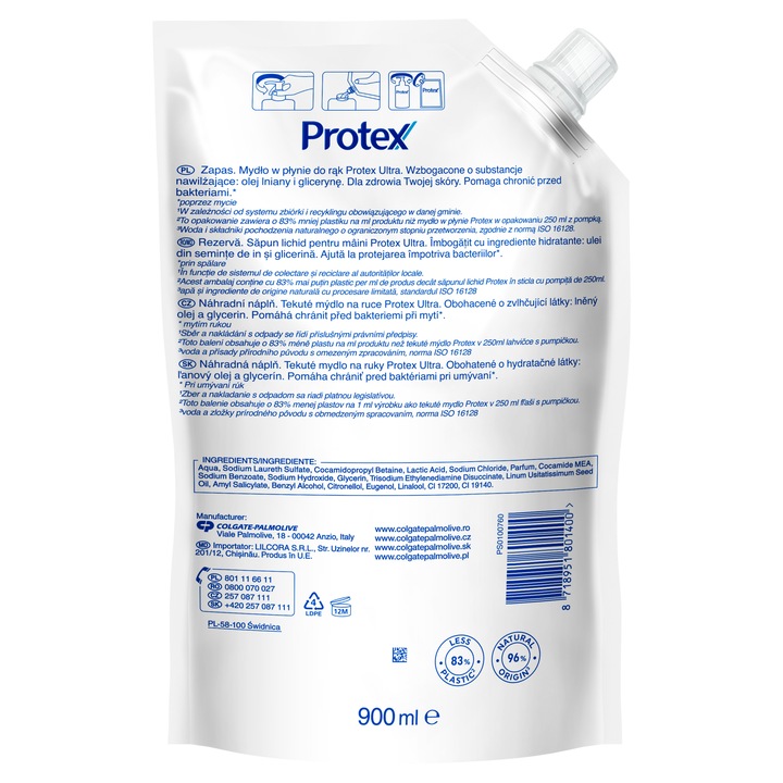 Rezerva sapun lichid Protex Ultra cu ingredient natural antibacterian, 900 ml