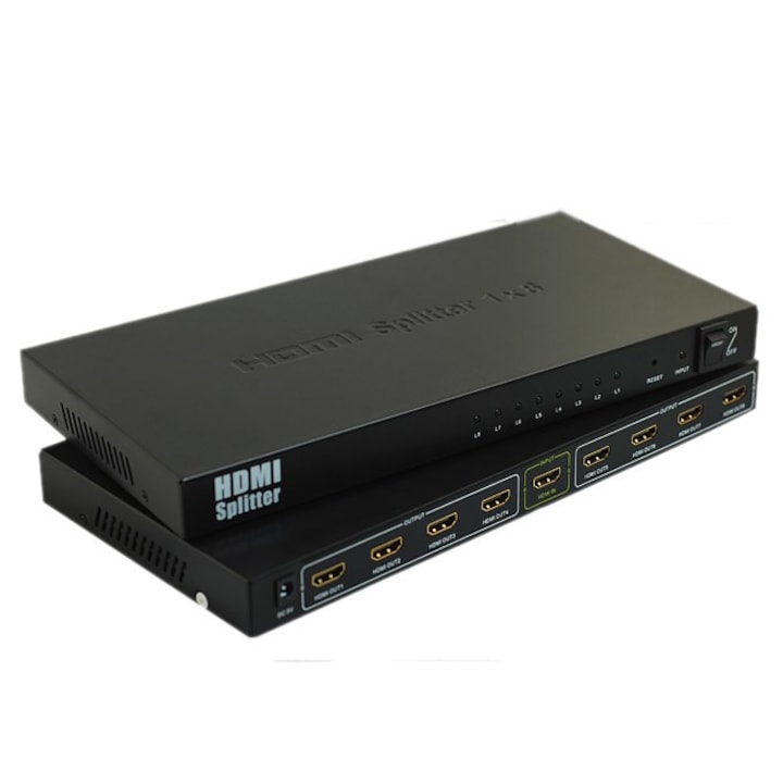 Сплитер HDMI 8 порта, 1 вход - 8 изхода, 4K, FULL HD, 3D, включено захранване, PremiumCord, khsplit8b