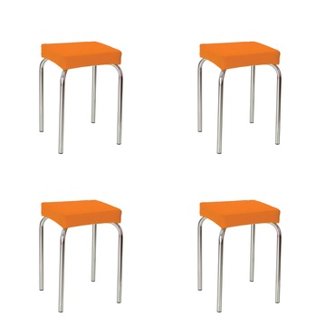 Set 4 scaune dining de tip taburet Tutti, cadru cromat, piele ecologica, portocaliu