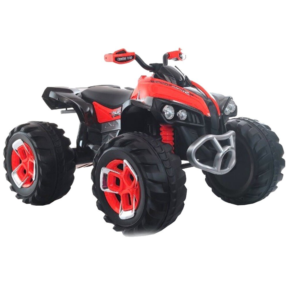 ATV Electric cu acumulator pentru copii NOVOKIDS™ Mountain Rider , Cu telecomanda, Faruri luminoase fata-spate, 3-8 ani , max 30 kg , 12V, Mp3/USB, 2 Viteze, Lungime 138 cm, 2 motoare, Rosu cu Negru