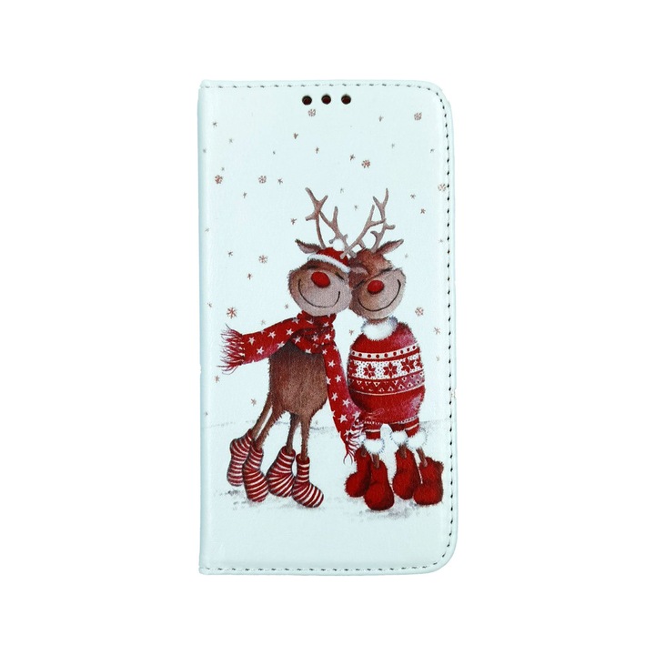 Коледен Flip калъф Viceversa за Huawei P Smart Z, Модел Sweet Reindeers, Портфейл със стойка, Удароустойчив, Бял / Червен