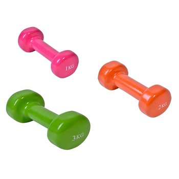 Set 3 gantere LiveUp, Cauciuc, 1/2/3 kg, 13.5/16.5/17.5 cm, Multicolor Set 3 gantere LiveUp, Cauciuc, 1/2/3 kg, 13.5/16.5/17.5 cm, Multicolor