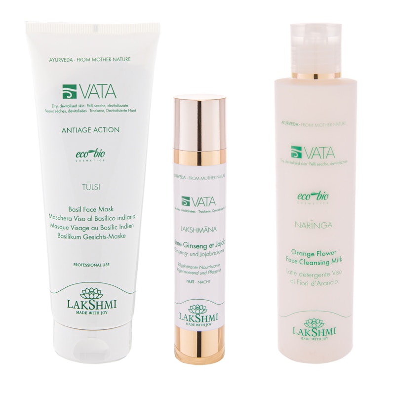Set 3 produse 500ml pentru pielea uscata, deshidratata si lipsita de vitalitate 280ml, masca cu busuioc sfant 250ml, lapte demachiant cu flori de portocal 200ml si crema cu ginseng si jojoba 50ml, Lakshmi, produse bio-organice