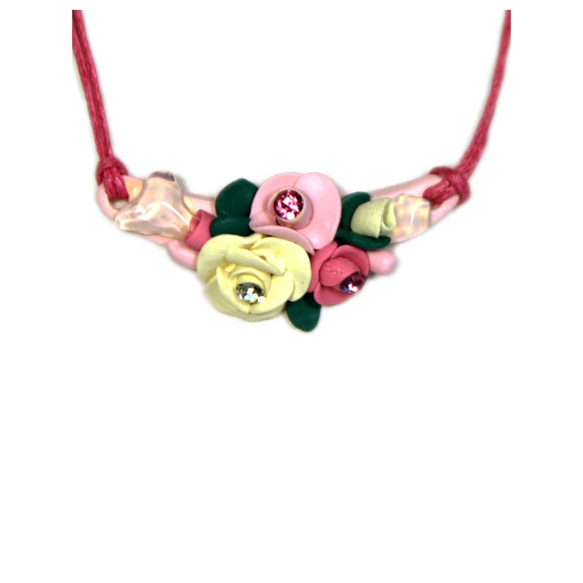 Colier floral roz cu cristale, Miidefloriart - model 94
