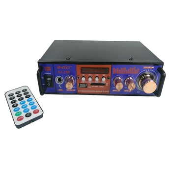 Amplificator digital, 2x25 W, Bluetooth, telecomanda, intrare microfon USB-SD, multicolor Amplificator digital, 2x25 W, Bluetooth, telecomanda, intrare microfon USB-SD, multicolor