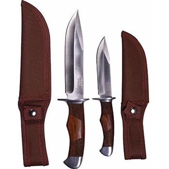 Set de 2 cutite de vanatoare Jack Pyke, dimensiuni diferite, cu maner din lemn de trandafir, lama din otel inoxidabil si teaca din nylon Set de 2 cutite de vanatoare Jack Pyke, dimensiuni diferite, cu maner din lemn de trandafir, lama din otel inoxidabil si teaca din nylon