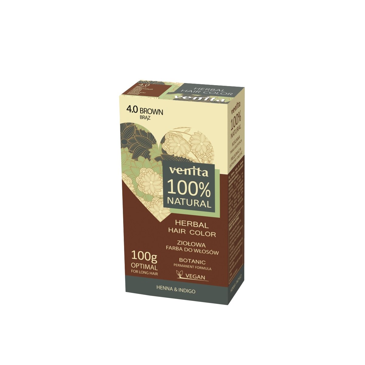 Vopsea de par bio, Nr. 4.0, Maro, 100% Natural, 100g