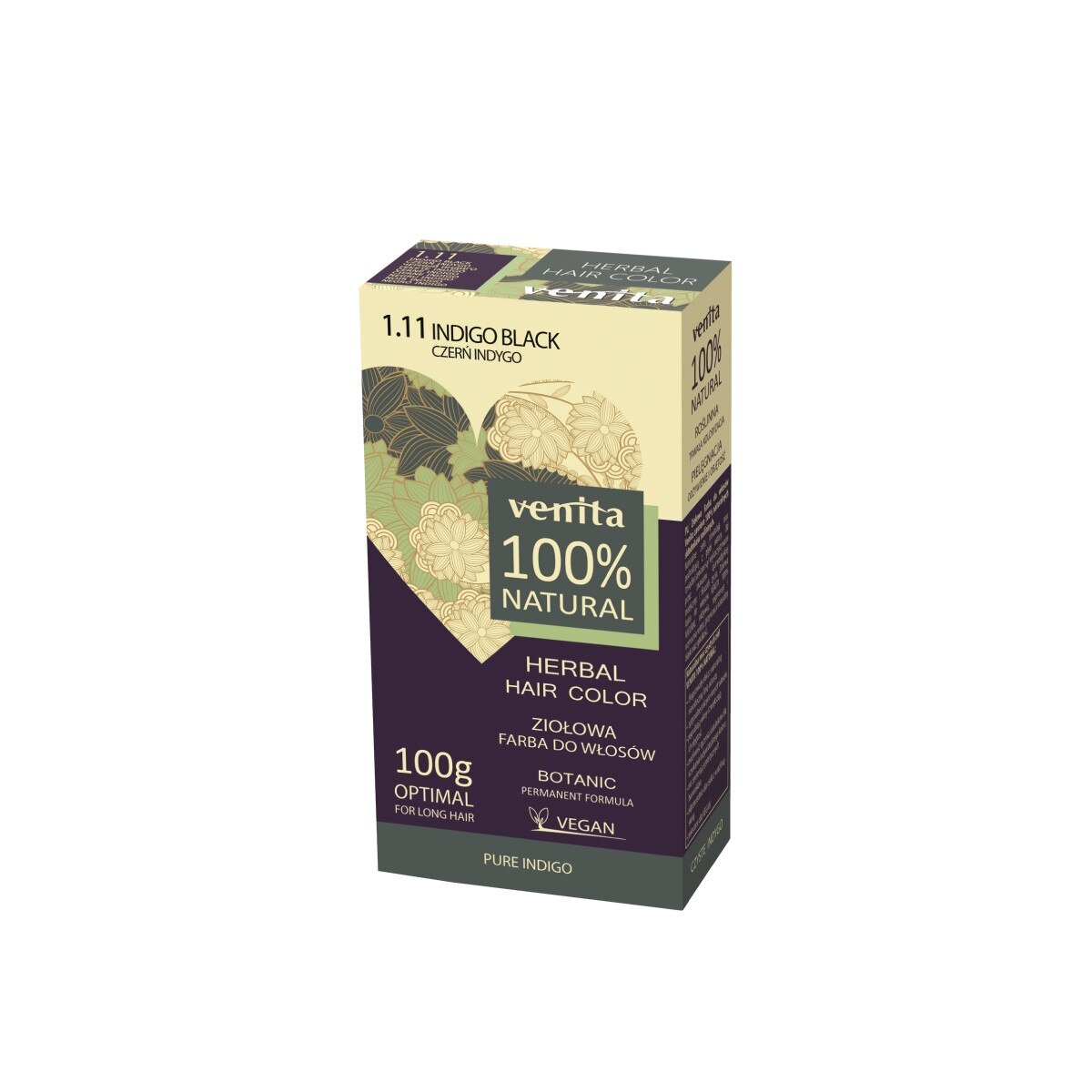 Vopsea de par bio, Nr. 1.11, Negru Indigo, 100% Natural, 100g