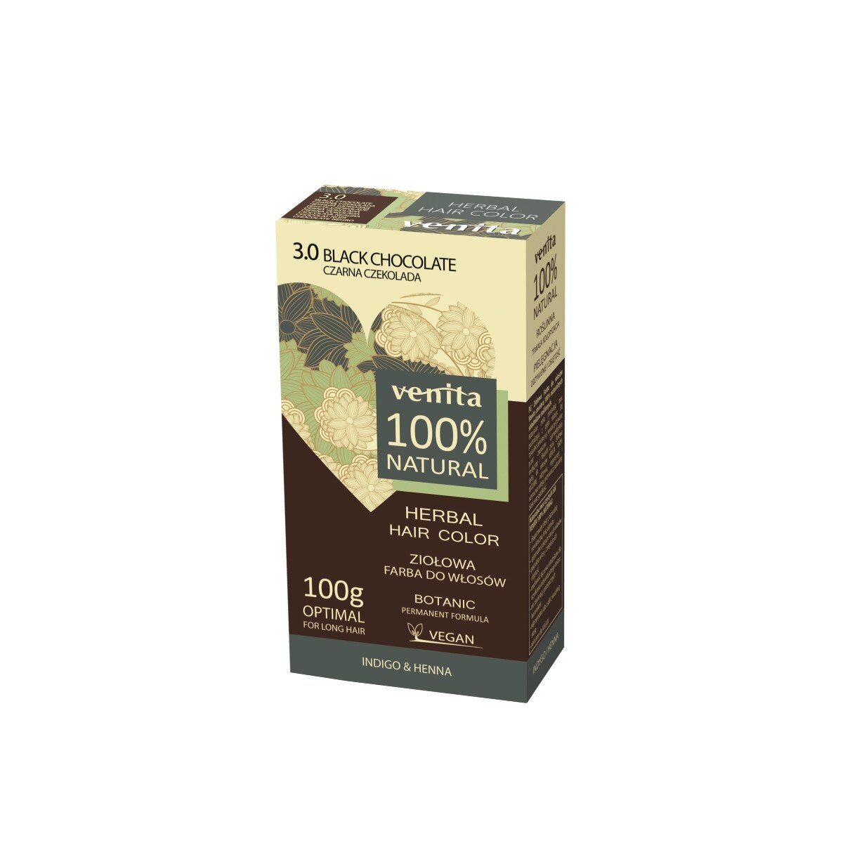 Vopsea de par bio, Nr. 3.0, Ciocolata Neagra, 100% Natural, 100g