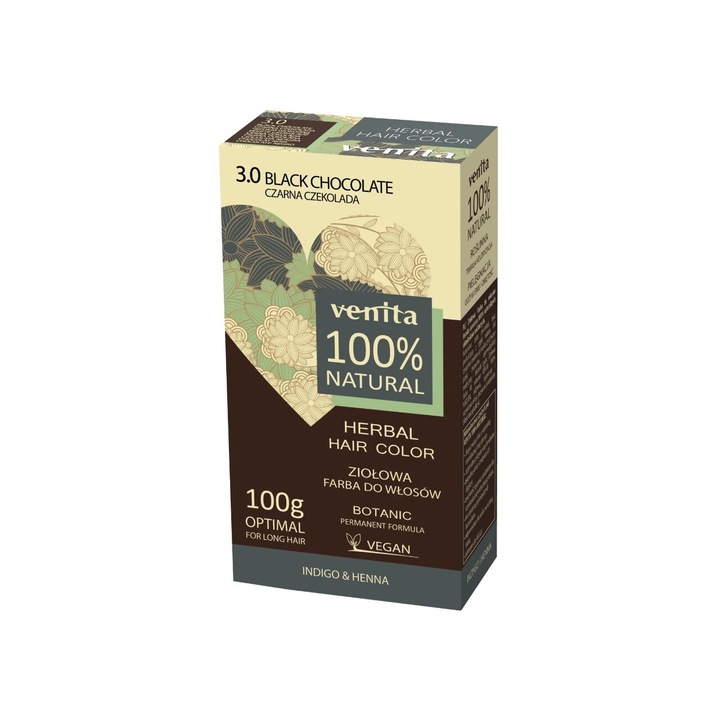 Vopsea de par pulbere, pe baza de plante, naturala 100%, Venita, Nr 3.0, Ciocolata Neagra, 100g