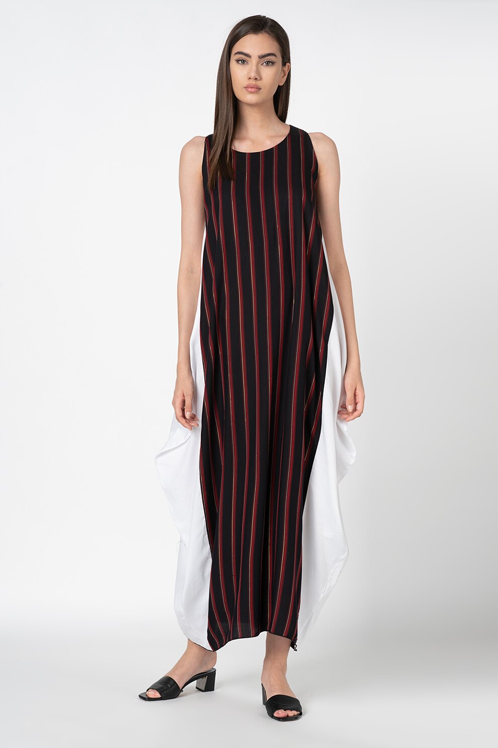 Antonia M, Rochie lejera cu dungi si segmente contrastante, Negru/Bordeaux/Alb