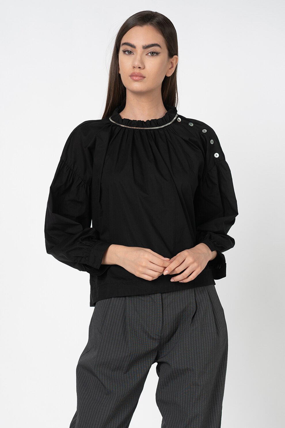 Antonia M, Bluza tip tunica, cu aplicatie metalica, Negru, One Size