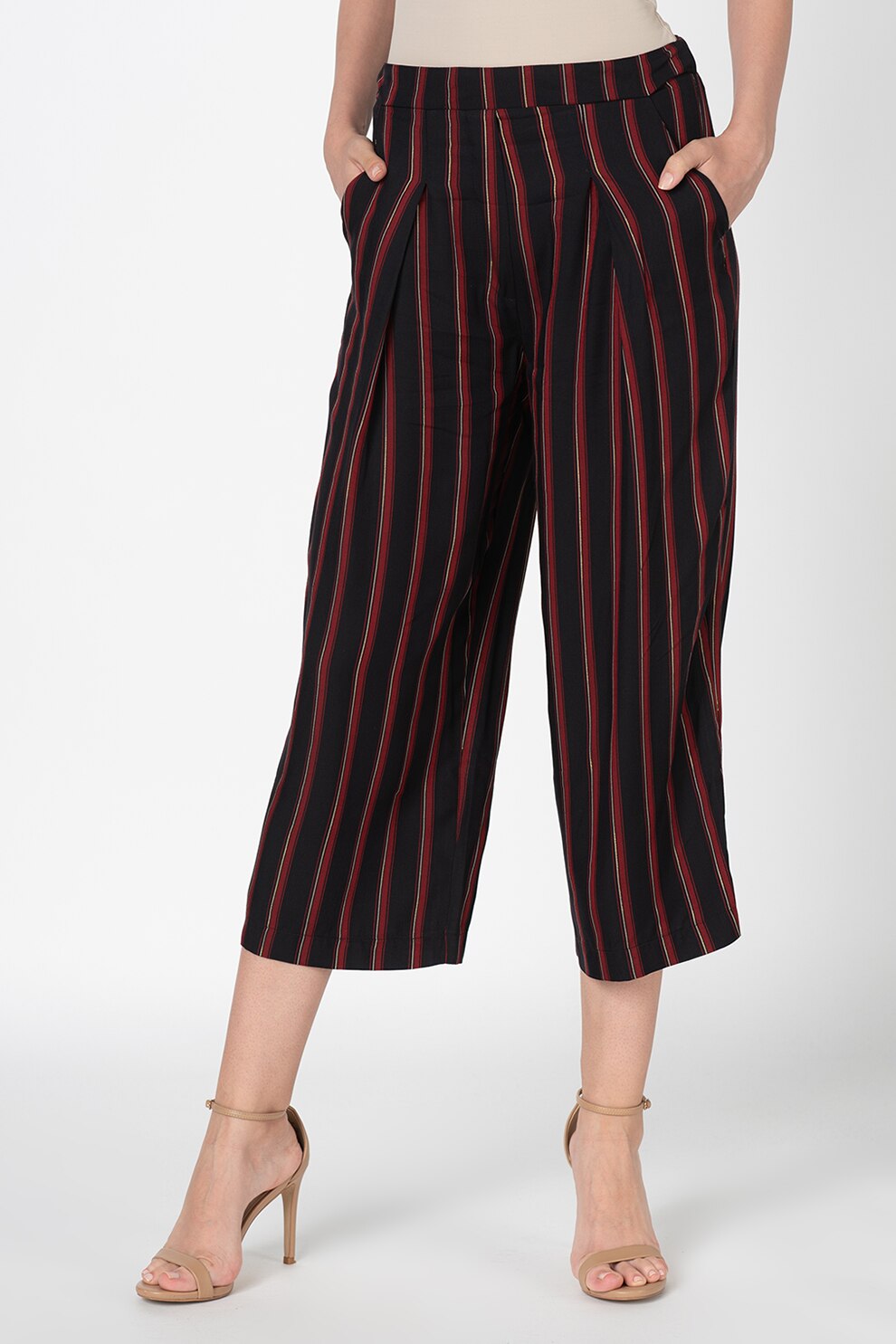 Antonia M, Pantaloni crop cu model in dungi, Negru/rosu Bordeaux/auriu