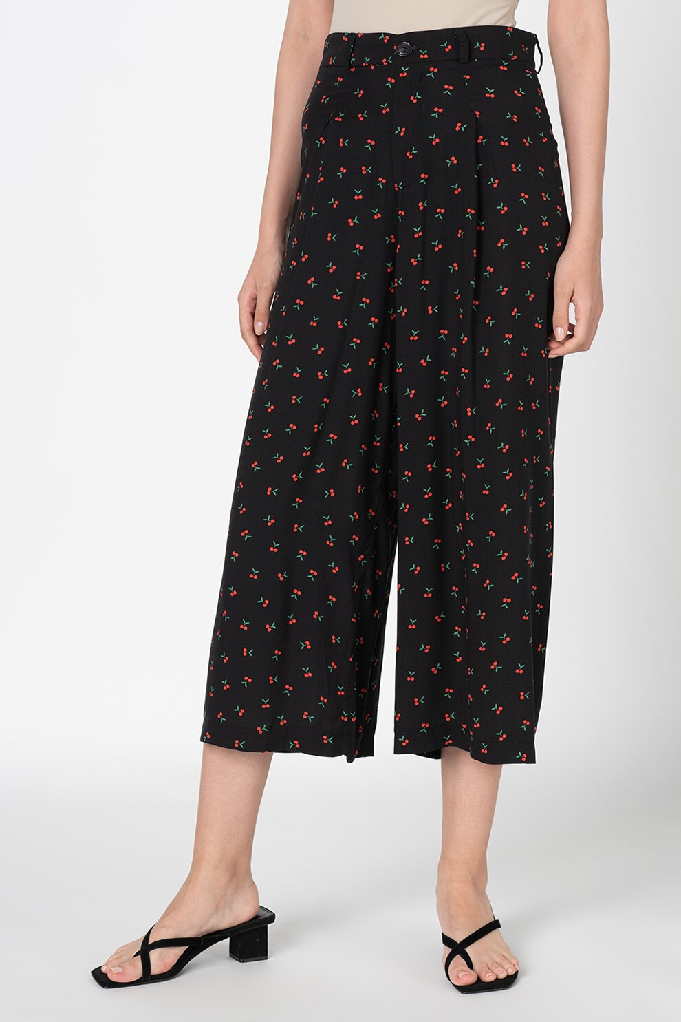 Antonia M, Pantaloni culotte cu talie inalta si model cu cirese, Negru/Rosu/Verde