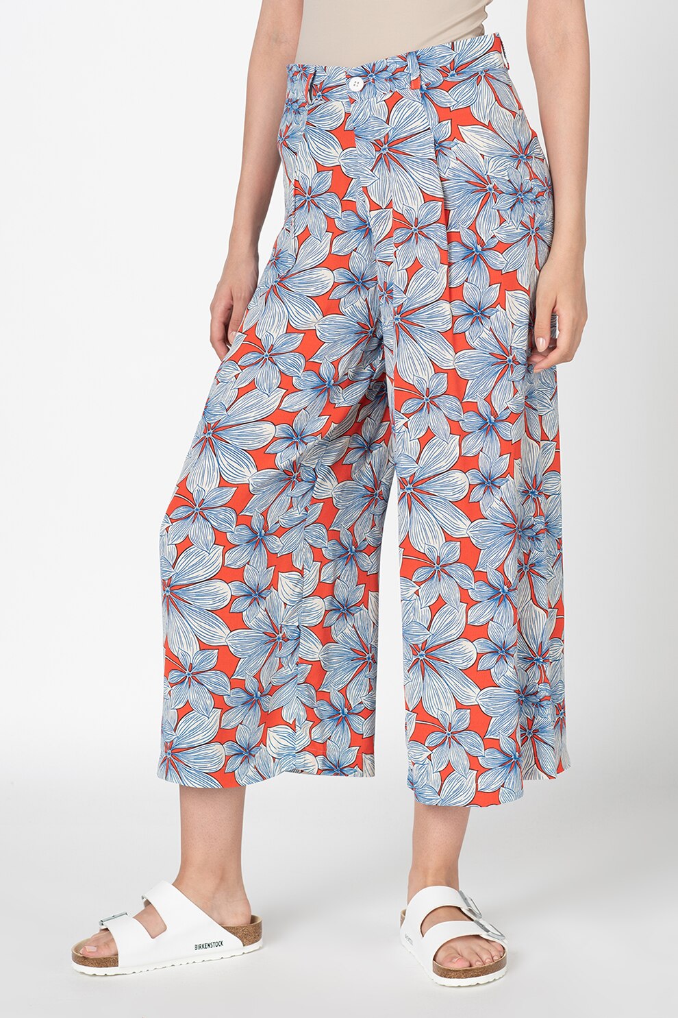 Antonia M, Pantaloni culotte cu talie inalta si model floral, Albastru/Oranj mandarina/Alb
