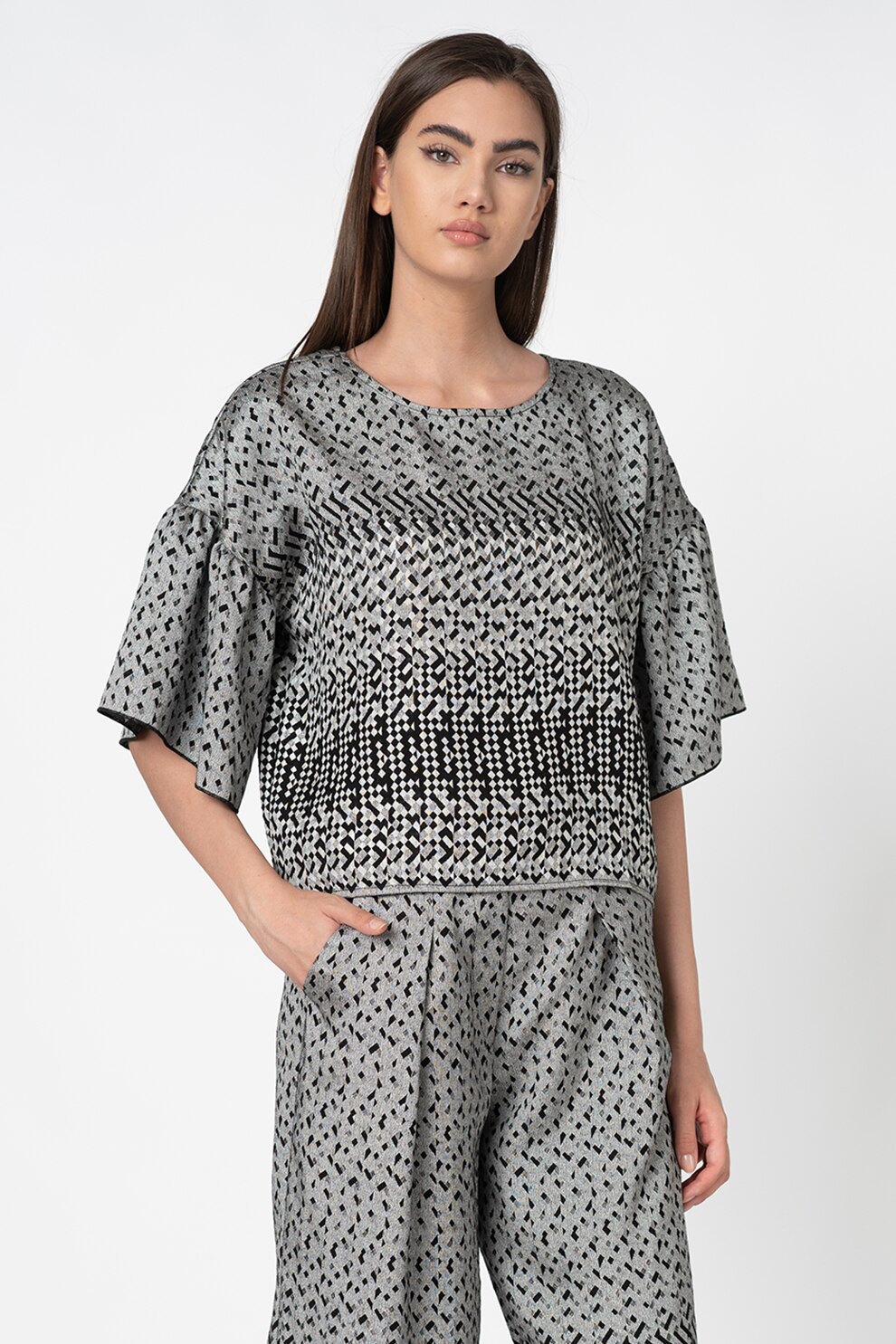 Antonia M, Bluza cu maneci medii si imprimeu geometric, Gri/Negru/Alb