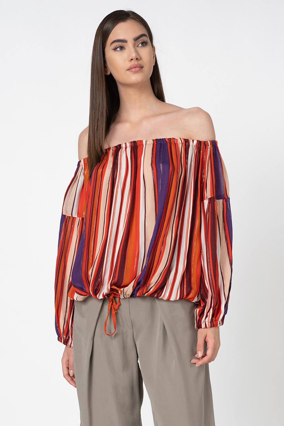 Antonia M, Bluza in dungi, cu decolteu pe umeri, Oranj/Violet/Alb, One Size