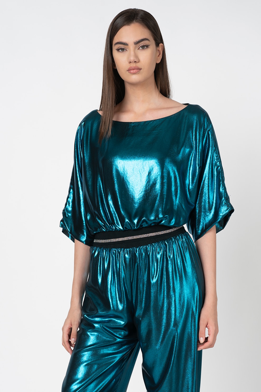 Antonia M, Bluza cu decolteu barcuta si aspect metalizat, Turcoaz