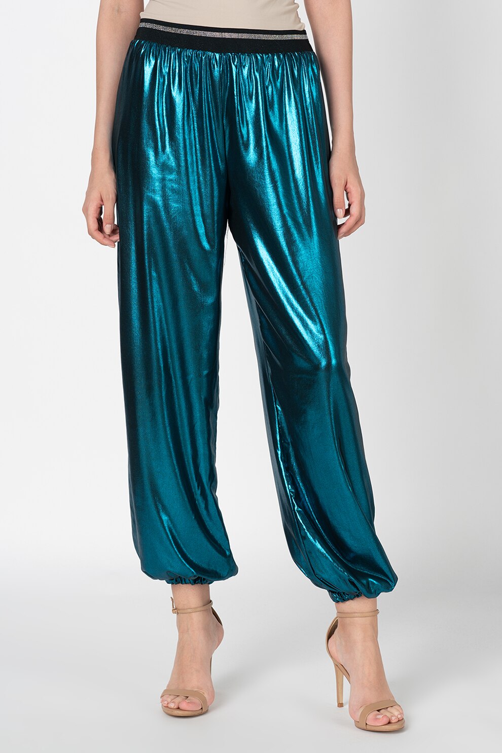 Antonia M, Pantaloni harem cu aspect metalic, Turcoaz, S