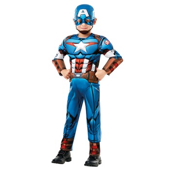 Costum Captain America Deluxe cu muschi, marimea L, 7 - 8 ani Costum Captain America Deluxe cu muschi, marimea L, 7 - 8 ani
