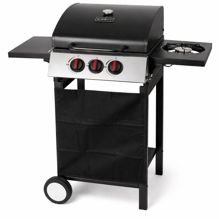 Gratar gradina, grill dreptunghiular, cu gaz, 2+1 arzatoare, cu roti, capac, rafturi, 97x60x100 cm, Valencia