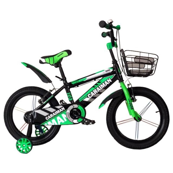 Велосипед Caraiman 16" Go Kart за деца 3-6 години, кош, помощни колела, зелен цвят