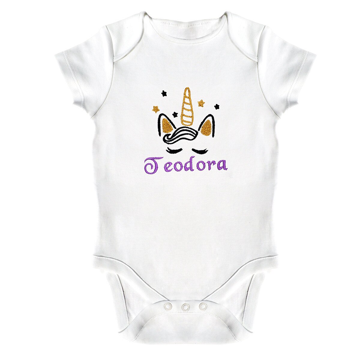 Body bebe, LWS, bumbac organic, brodat, model unicorn Teodora, Alb