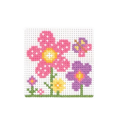 Set de brodat pentru copii, Anchor, model Floricele, cu diagrama si fire mouline, dimensiune 10x10 cm