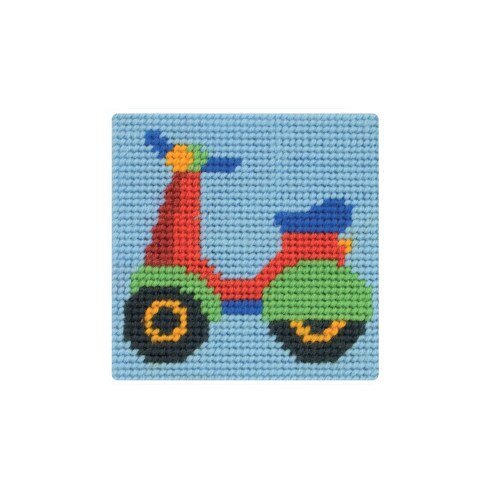 Set de brodat pentru copii, Anchor, model Bicicleta, pe panza imprimata, dimensiune 10x10 cm