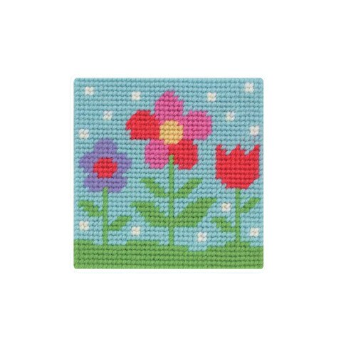 Set de brodat pentru copii, Anchor, model Floricele, pe panza imprimata, dimensiune 10x10 cm