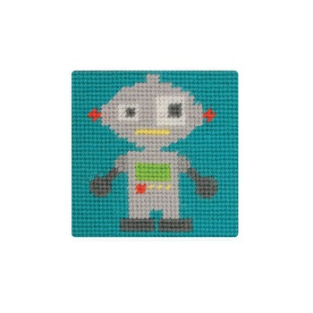 Set de brodat pentru copii, Anchor, model Robotel, pe panza imprimata, dimensiune 10x10 cm Set de brodat pentru copii, Anchor, model Robotel, pe panza imprimata, dimensiune 10x10 cm