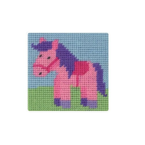 Set de brodat pentru copii, Anchor, model Ponei, pe panza imprimata, dimensiune 10x10 cm