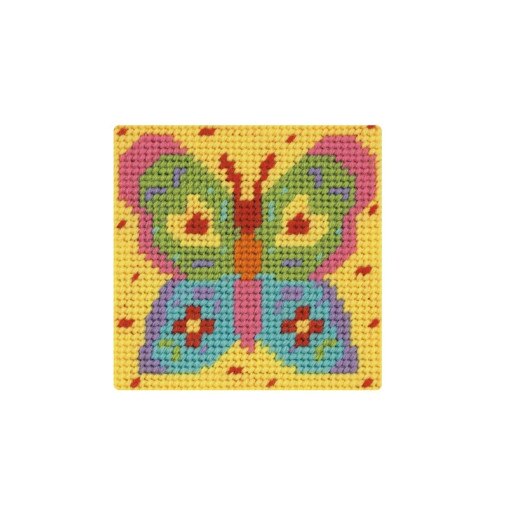 Set de brodat pentru copii, Anchor, model Fluture, pe panza imprimata, dimensiune 10x10 cm