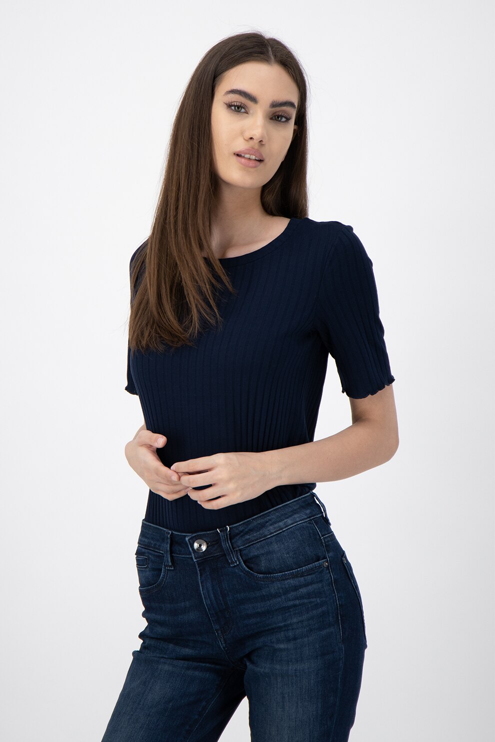 Tom Tailor, Bluza cu decolteu rotund si aspect striat, Bleumarin inchis