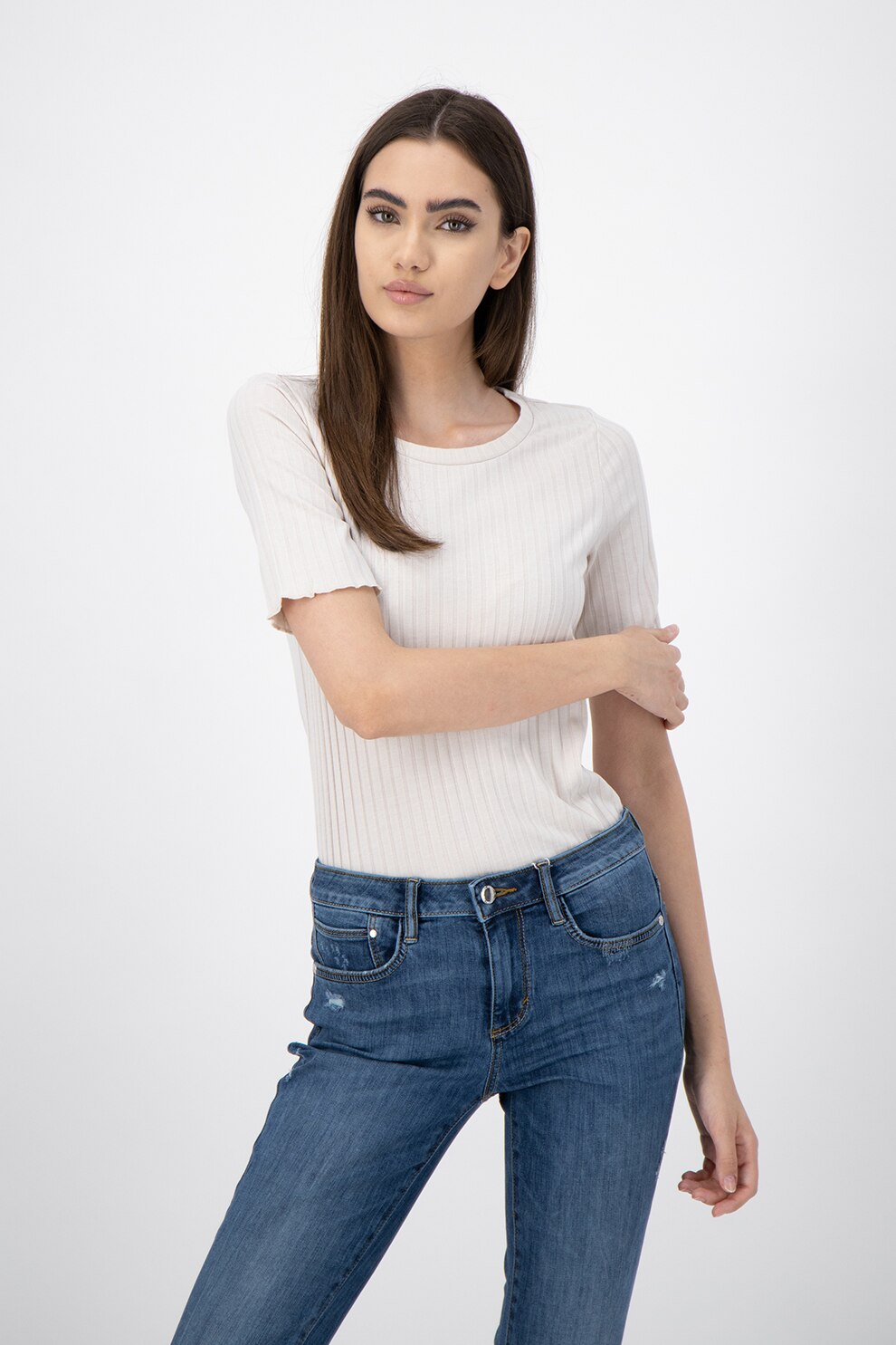 Tom Tailor, Bluza cu decolteu rotund si aspect striat, Alb fildes