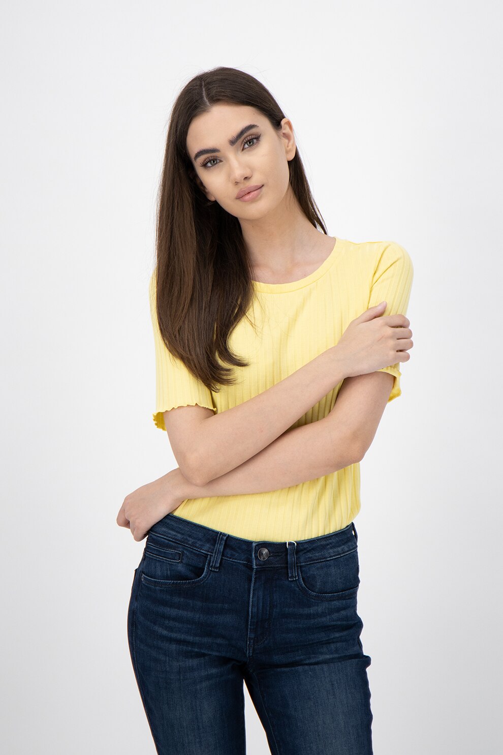 Tom Tailor, Bluza cu decolteu rotund si aspect striat, Galben pai