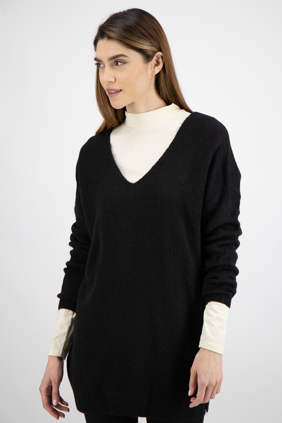 Tom Tailor, Pulover lung cu decolteu in V, Negru, S