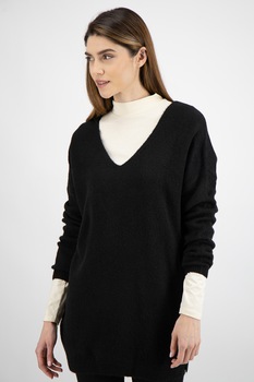 Tom Tailor, Pulover lung cu decolteu in V, Negru, S Tom Tailor, Pulover lung cu decolteu in V, Negru, S