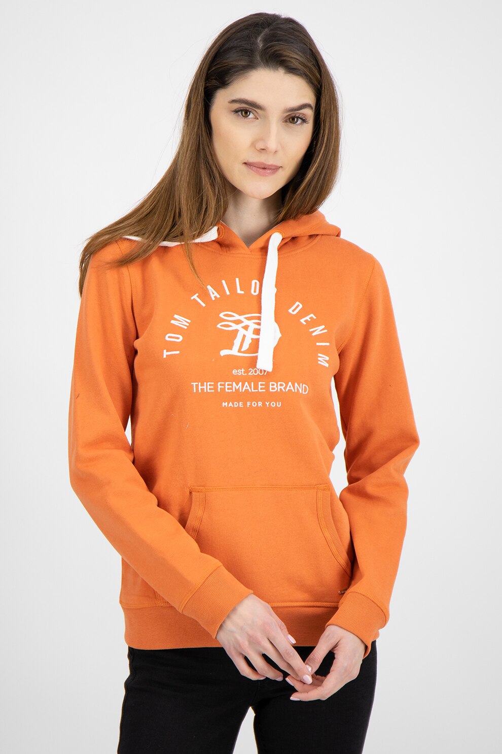 Tom Tailor, Hanorac cu imprimeu logo si buzunar kangaroo, Corai/Alb, XL