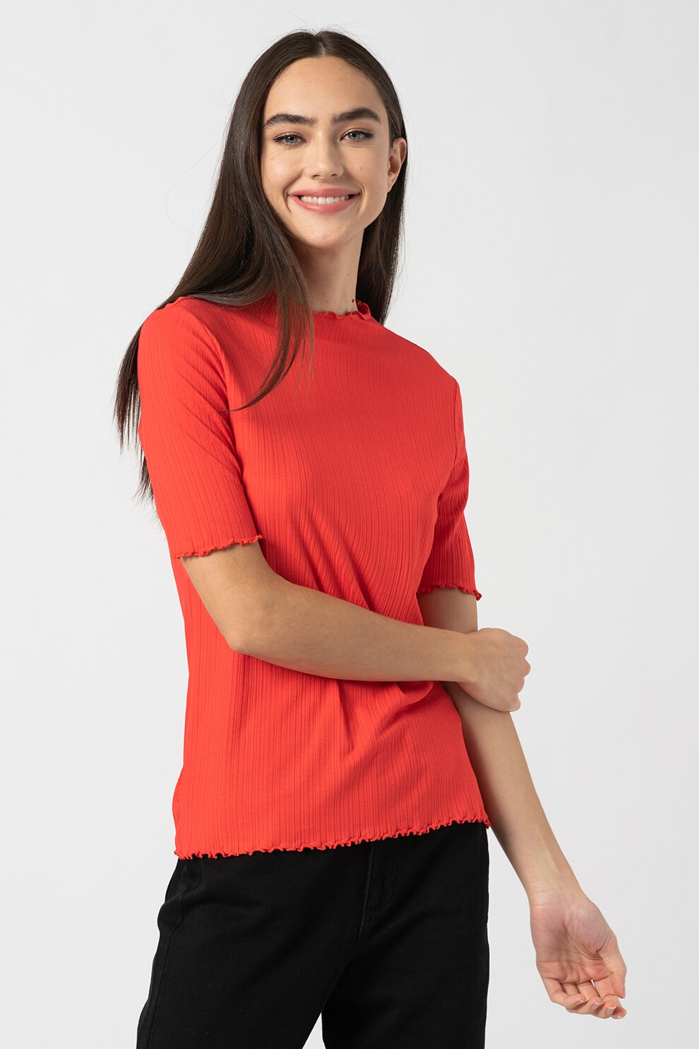 Tom Tailor, Tricou cu striatii si terminatii cu volane, Rosu vermilion, XL