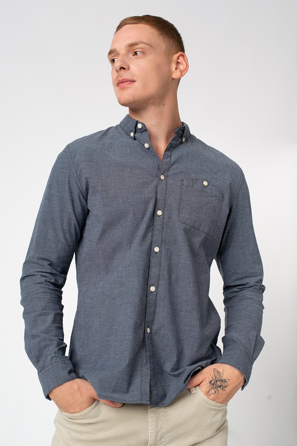 Tom Tailor, Camasa de poplin slim fit cu guler fixat cu nasturi, Albastru melange, 2XL