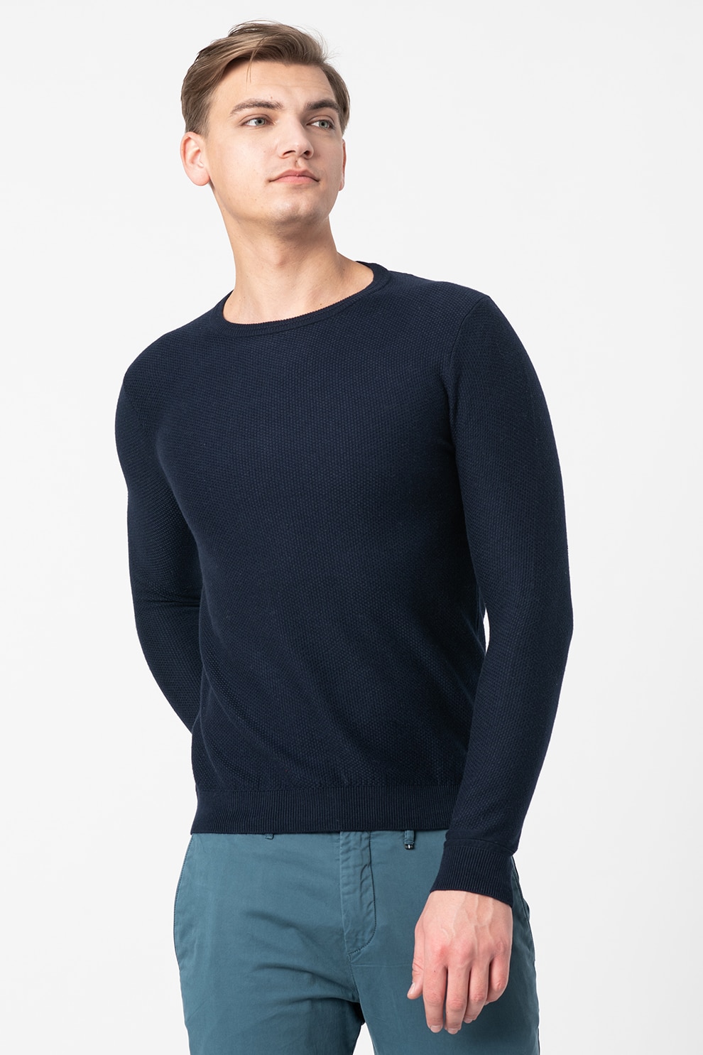 Tom Tailor, Pulover tricotat fin, cu decolteu la baza gatului, Bleumarin