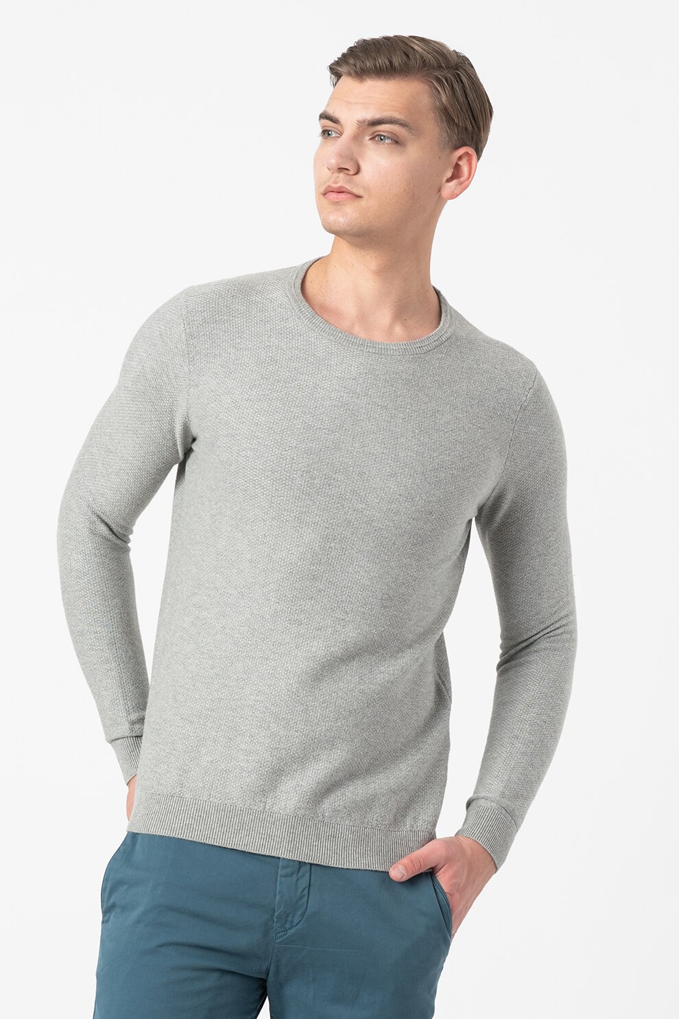 Tom Tailor, Pulover tricotat fin, cu decolteu la baza gatului, Gri melange