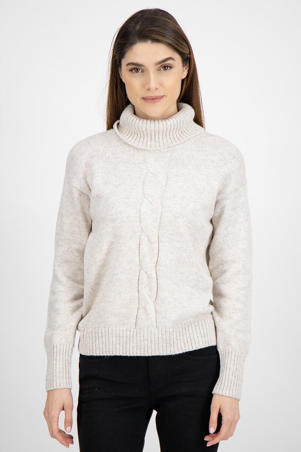 Tom Tailor, Pulover cu guler inalt si model torsade, Maro nisip/Lila prafuit
