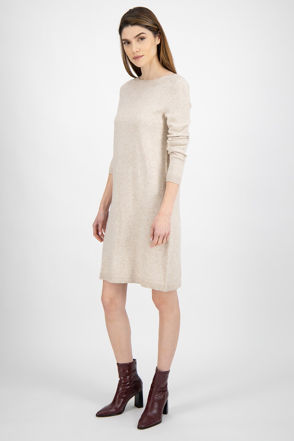 Tom Tailor, Rochie tip pulover cu decolteu barcuta, Maro nisip/Alb prafuit, XL