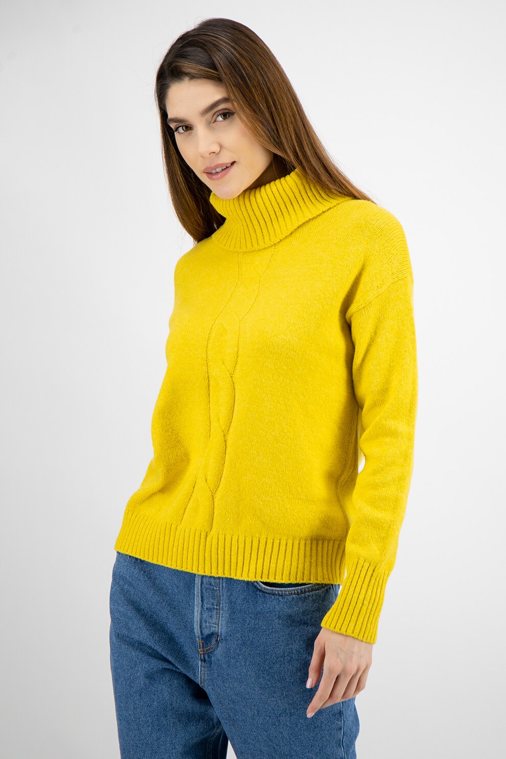 Tom Tailor, Pulover cu guler inalt si model torsade, Galben