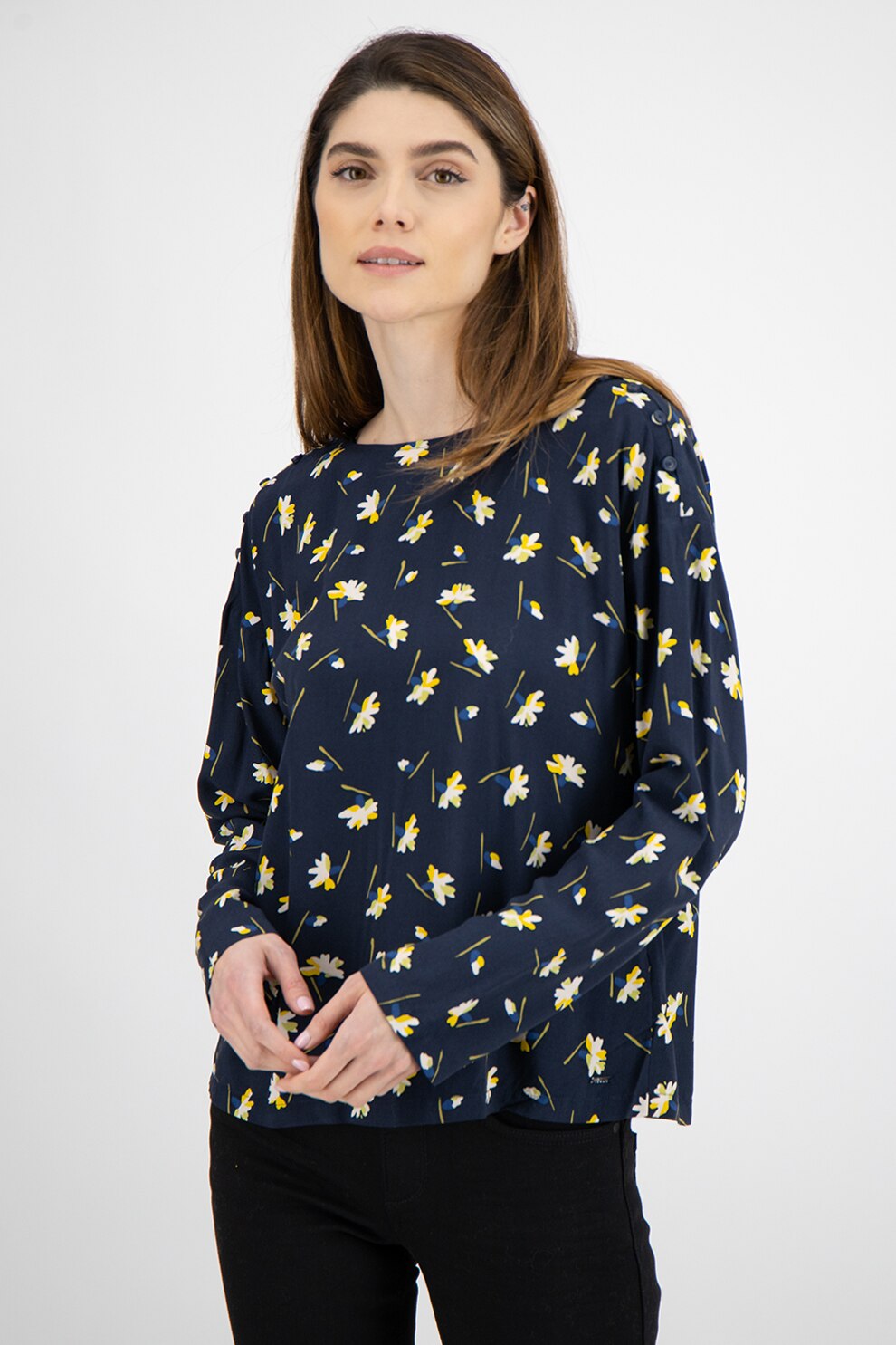 Tom Tailor, Bluza lejera cu segment cu nasturi pe umar, Bleumarin/verde pal/galben