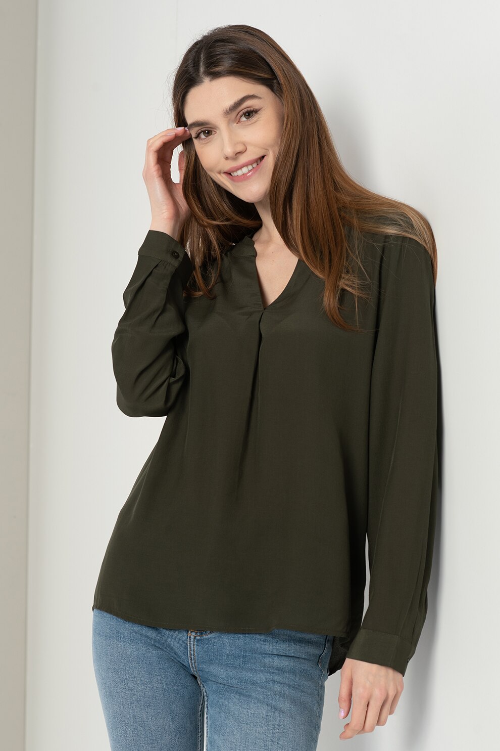 Tom Tailor, Bluza cu decolteu rotund si decupaj in V, Verde inchis